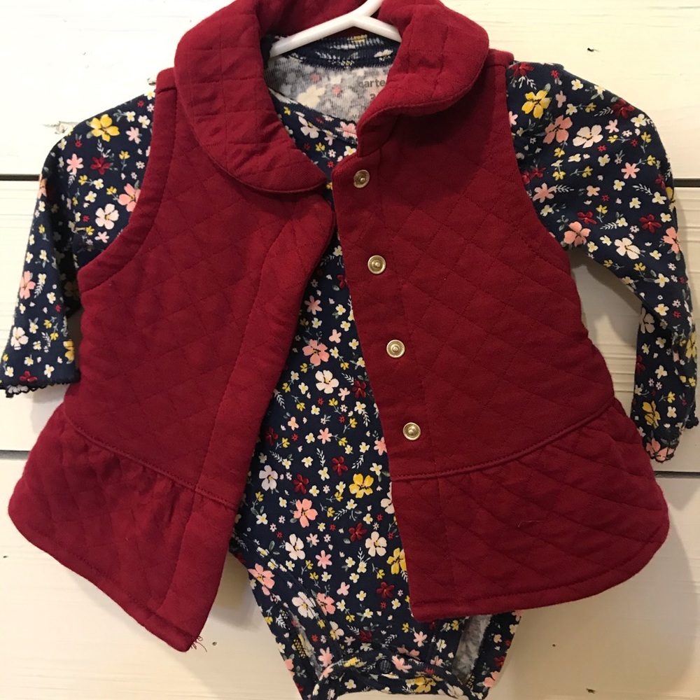Winter outfit with onesie, vest, and pants